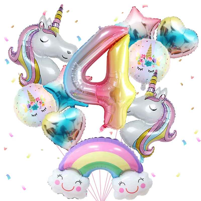 1set Rainbow Unicorn Girl Balloon Aluminum Film Balloon Set with Smiling Rainbow Foil 1st Newborn Party Decoration Supplies