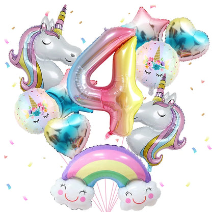 1set Rainbow Unicorn Girl Balloon Aluminum Film Balloon Set with Smiling Rainbow Foil 1st Newborn Party Decoration Supplies