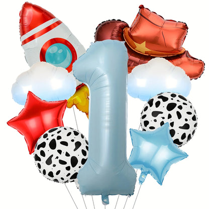 9Pcs Cloud Rocket Cowboy Hat Balloon Set Digital Numbers for Birthday Western Party Baby Shower Christening Wedding Celebration