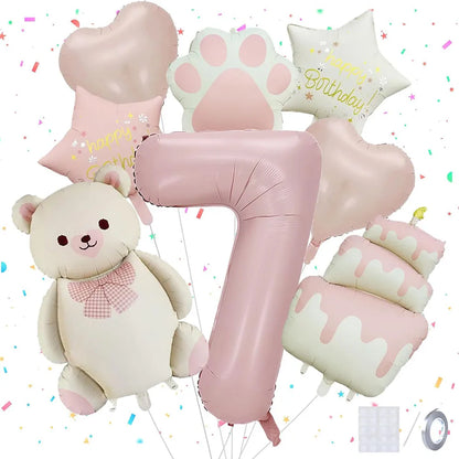 8pcs Pink Matte Bear Foil Theme Balloon for Birthday Party Decoration Cute Animal Bear Theme Event Baby Shower Decorations Gift