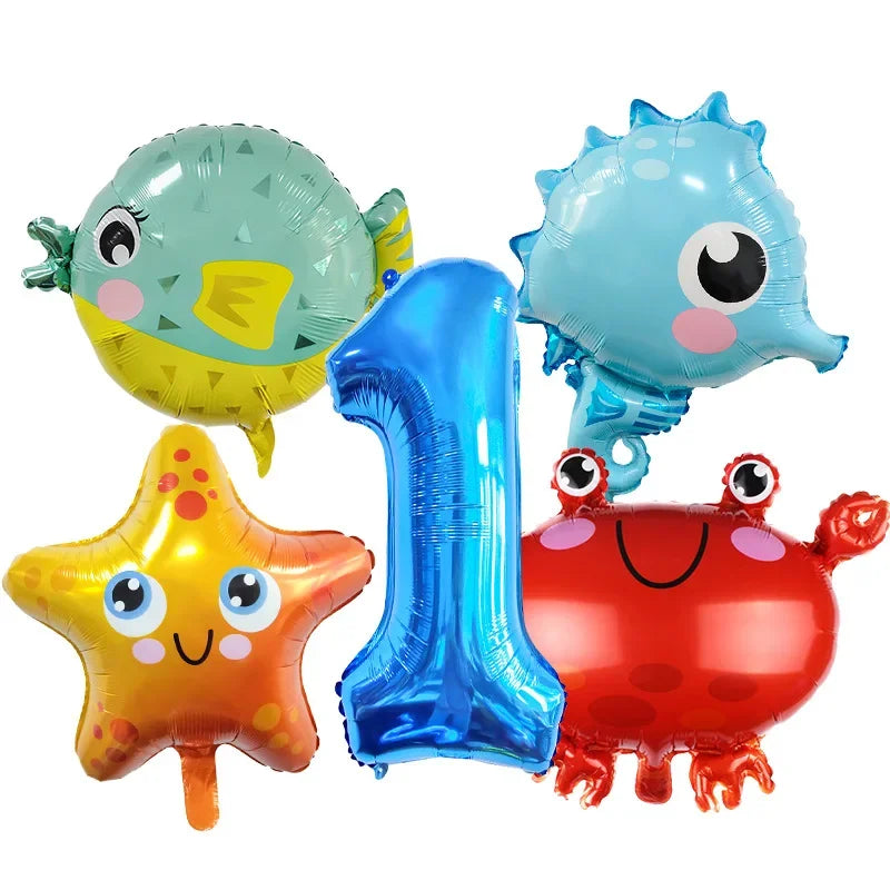 5pcs Ocean Themed Cartoon Animal Balloons 32 inch Blue Number Birthday Balloon Set Festive Party Decoration Birthday Supplies