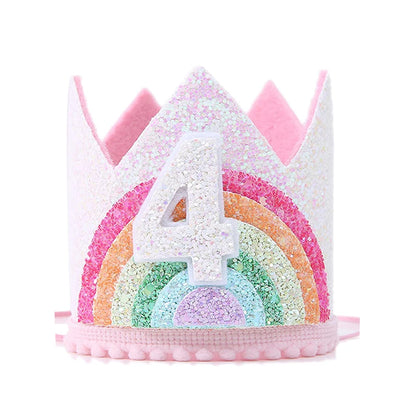 Felt Rainbow Theme Birthday Party Crown 1st 2nd 3rd Happy Birthday Party Decor Kids Baby Shower Party Number Hat Unicorn Party