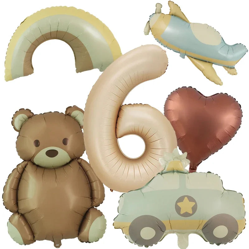 6pc Bear Balloon Rainbow Foil Inflated Mylar Bday Balloons Brown Bears Party Favors Decorations Party Supplies Helium Large Ball