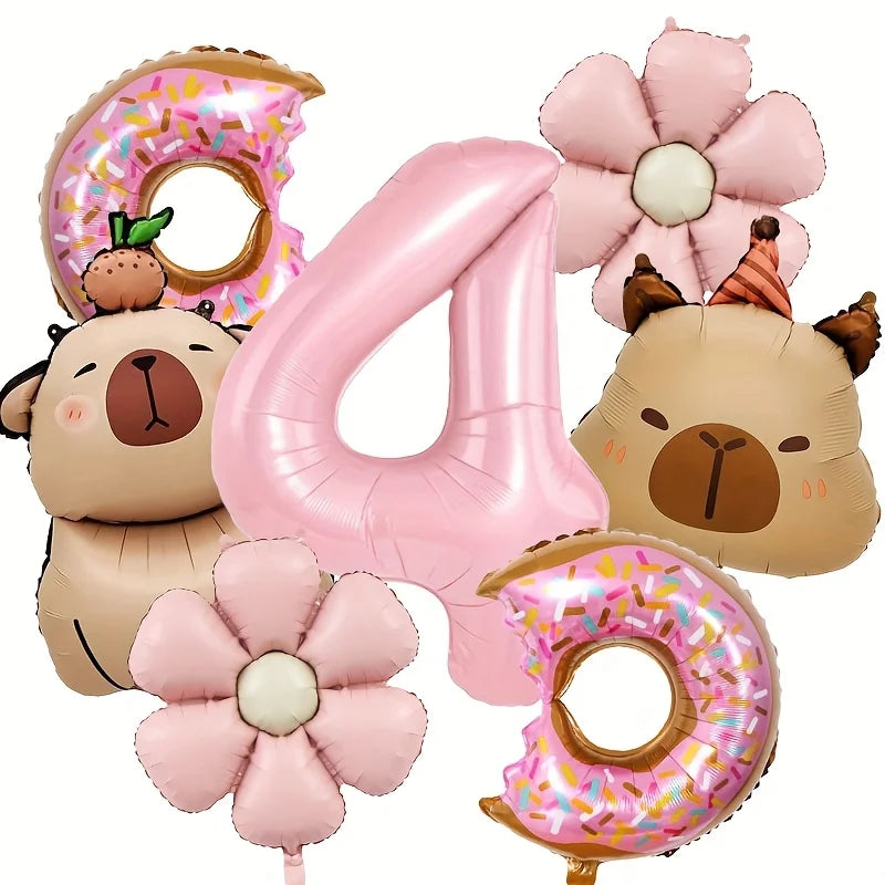Cartoon Dolphin Pink Daisy Flower Happy Birthday Balloon Doughnut Set 32inch Pink Digit Capibara Theme Party Globos Supplies