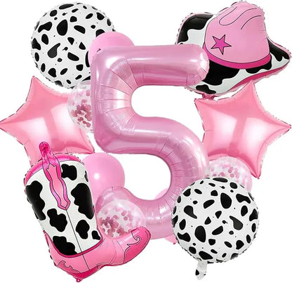 Pink Cowboy Boots & Hat Foil Balloons Set for Farm Birthday Decorations, Western Theme Party Supplies with Number Balloons