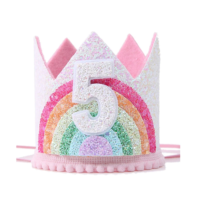 Felt Rainbow Theme Birthday Party Crown 1st 2nd 3rd Happy Birthday Party Decor Kids Baby Shower Party Number Hat Unicorn Party