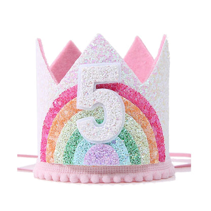 Felt Rainbow Theme Birthday Party Crown 1st 2nd 3rd Happy Birthday Party Decor Kids Baby Shower Party Number Hat Unicorn Party