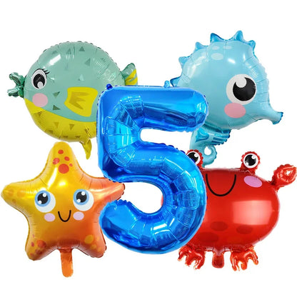 5pcs Ocean Themed Cartoon Animal Balloons 32 inch Blue Number Birthday Balloon Set Festive Party Decoration Birthday Supplies