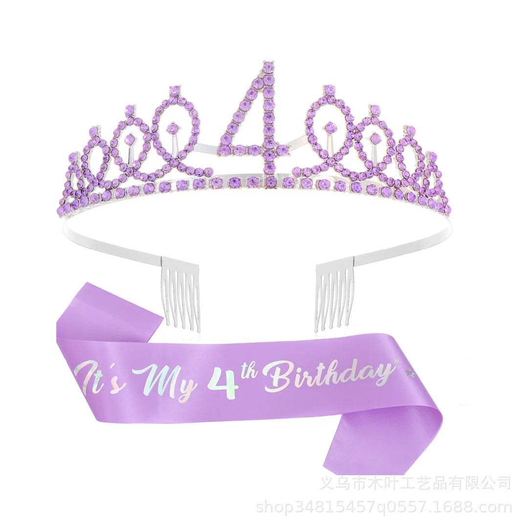 2pc/set Birthday Tiara Crown Sash Women Girls 3th 4th 5th 6th 7th 8th 9th 10th  Happy Birthday Party Favors Decorations Gift