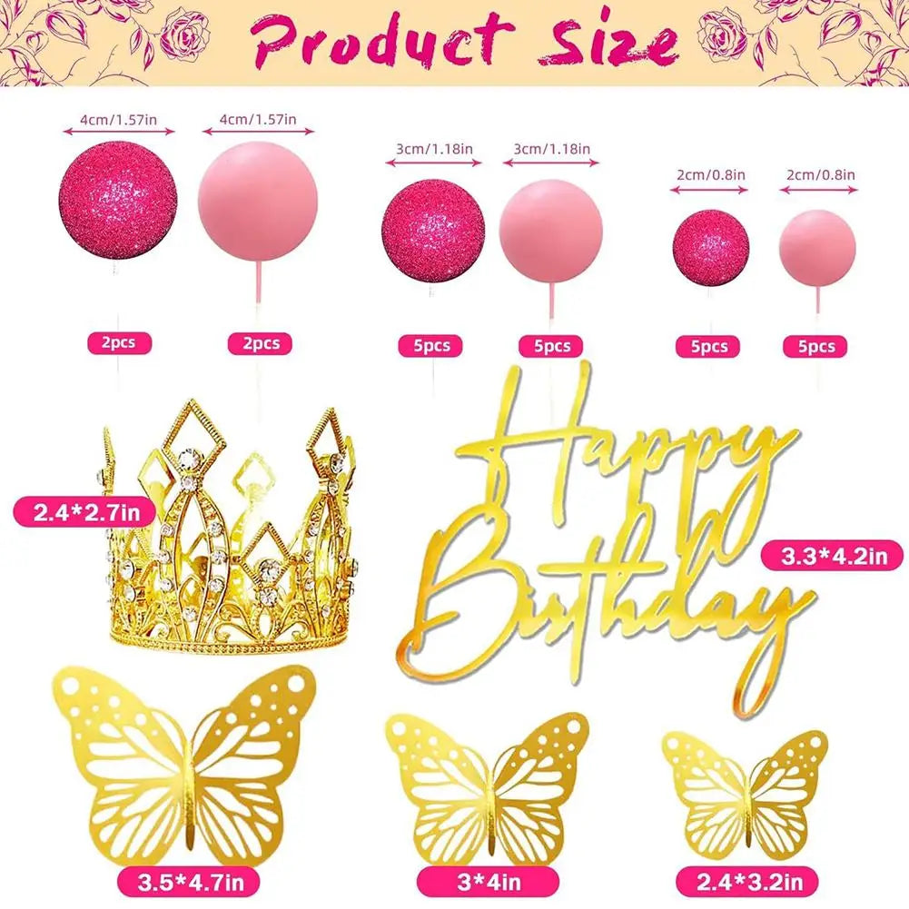 Crown Cake Topper Set 42Pcs Happy Birthday Gold Pink Silver Butterfly Decorations for Wedding Baby Shower Party Celebration GIft