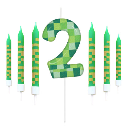 7pcs Green my world Candle Birthday Party Pixel Theme Birthday Party Video Game Party Decoration 0-9 Cake Top Digital Candles