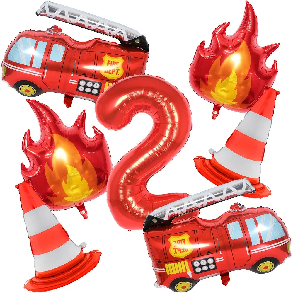 1Set Fire Truck Balloons Set Red 32Inch Number Balloon Flame Balloons For Baby Shower Firefighter Birthday Party Decoration