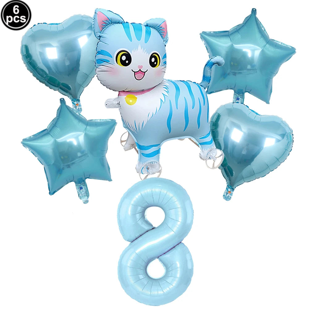 Cat Party Balloons Set Pink Blue Kitten Cat's Paw Foil Balloon with 32'' Number Balloons for Boy Girl 1-9th Birthday Party Decor