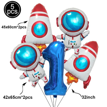 1Set Galaxy Space Balloons Blue 32inchNumber Balloons Rocket Astronaut Balloons for Boys Galaxy Themed Party Birthday Decoration