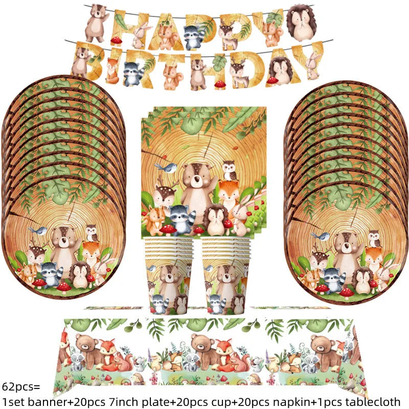 Jungle Theme Party Decor Supply Disposable Tableware Plate Banner Forest Animal Fox Hedgehog Balloon Baby Shower Kid Birthday