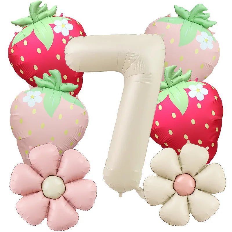 7Pcs Fruit Strawberry Flower Foil Balloon with 40inch Cream Number Balloon Berry First Birthday Sweet Summer Party Supplies