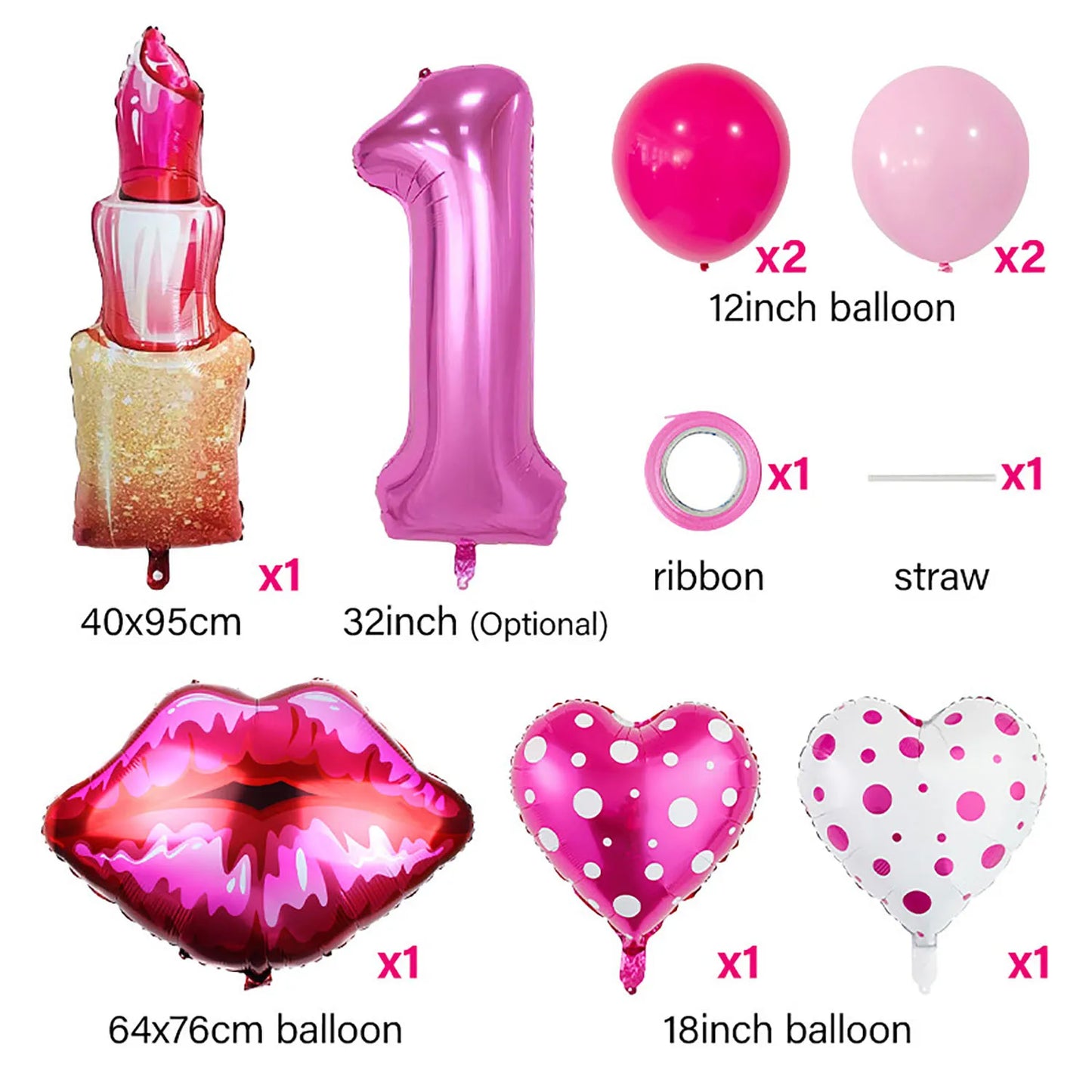Lipstick Number Polka Dot Heart Aluminum Film Balloon 32inch Rose Red Number Suitable for Birthday Party Anniversary Decoration