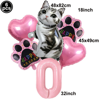 Cat Party Balloons Set Pink Blue Kitten Cat's Paw Foil Balloon with 32'' Number Balloons for Boy Girl 1-9th Birthday Party Decor