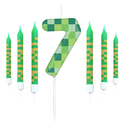 7pcs Green my world Candle Birthday Party Pixel Theme Birthday Party Video Game Party Decoration 0-9 Cake Top Digital Candles