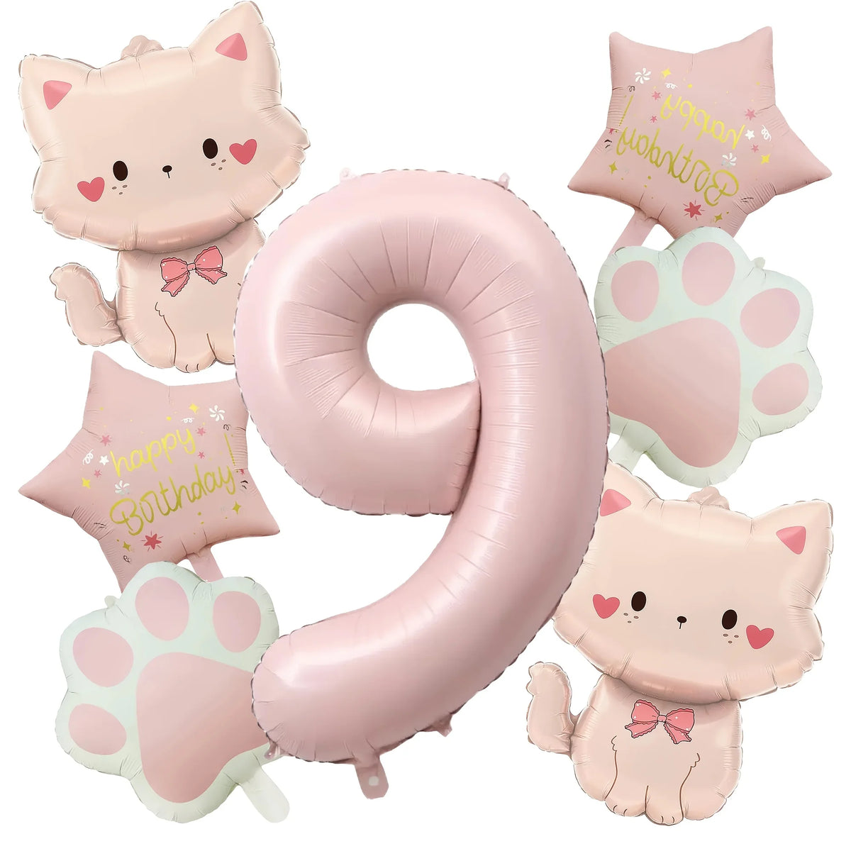 Ballons anniversaire chat rose | Lot de 7 pièces