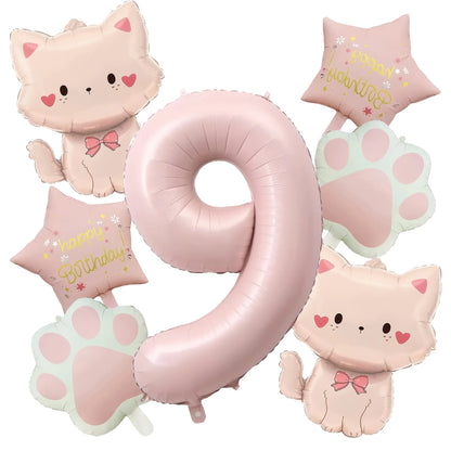 Ballons anniversaire chat rose | Lot de 7 pièces