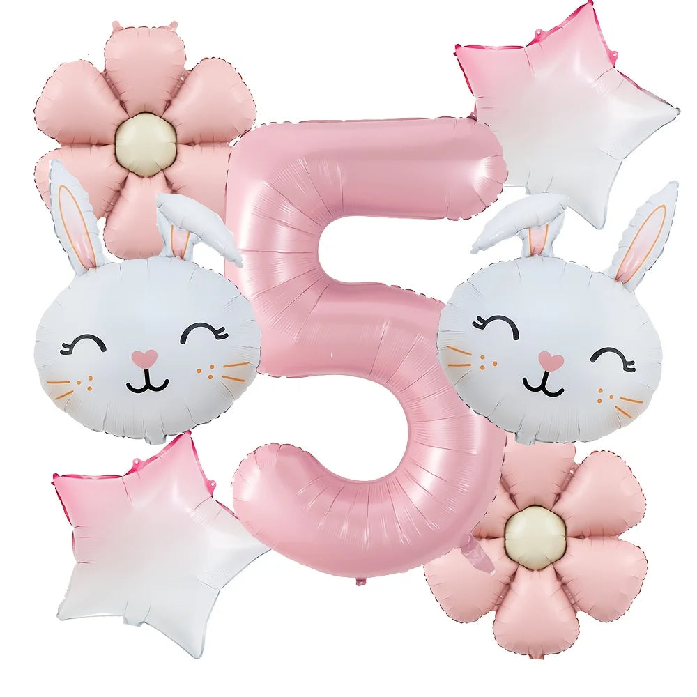 7pcs/set Easter Themed Cartoon Rabbit Matte Pink Daisy Balloon 32inch Number 1-9 Balloon Birthday Party Decoration Kids Toys