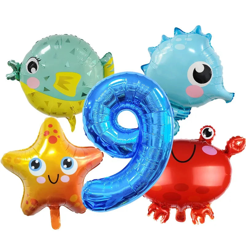 5pcs Ocean Themed Cartoon Animal Balloons 32 inch Blue Number Birthday Balloon Set Festive Party Decoration Birthday Supplies