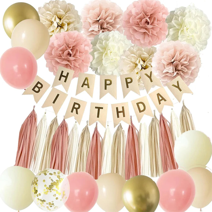 Décoration Anniversaire Rose & Doré | Guirlande, Fanions, Ballons & Pompons