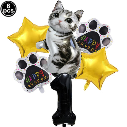 Cat Party Balloons Set Pink Blue Kitten Cat's Paw Foil Balloon with 32'' Number Balloons for Boy Girl 1-9th Birthday Party Decor