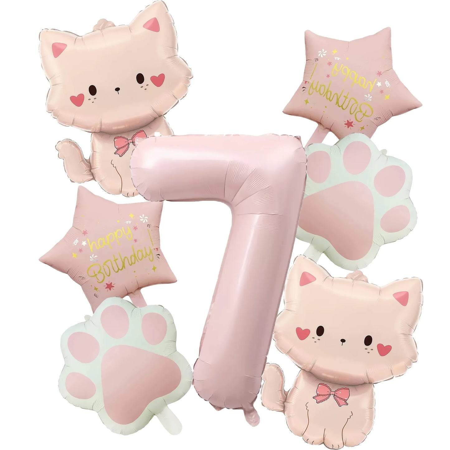 Ballons anniversaire chat rose | Lot de 7 pièces