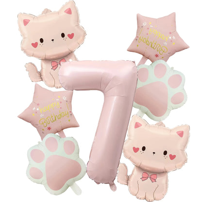 Ballons anniversaire chat rose | Lot de 7 pièces