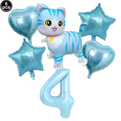 Cat Party Balloons Set Pink Blue Kitten Cat's Paw Foil Balloon with 32'' Number Balloons for Boy Girl 1-9th Birthday Party Decor
