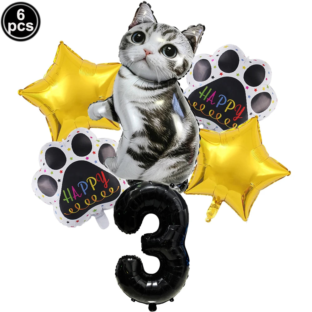 Cat Party Balloons Set Pink Blue Kitten Cat's Paw Foil Balloon with 32'' Number Balloons for Boy Girl 1-9th Birthday Party Decor