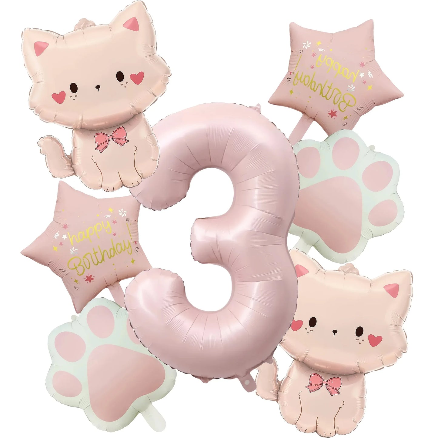 Ballons anniversaire chat rose | Lot de 7 pièces
