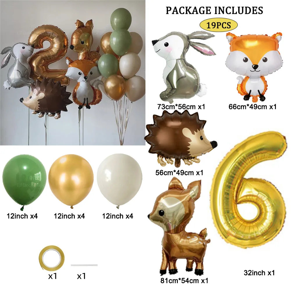 Hedgehog Deer Fox Rabbit Balloon Set Gold Number Balloon for Boy's Woodland Animal Happy Birthday Party Decorations Kids Gifts