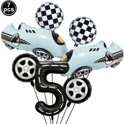7 Pcs Race Car Birthday Balloons 40 Inch Racetrack Black Number 3 Balloon for 3st Birthday Race Car Theme Party Decor Supplies