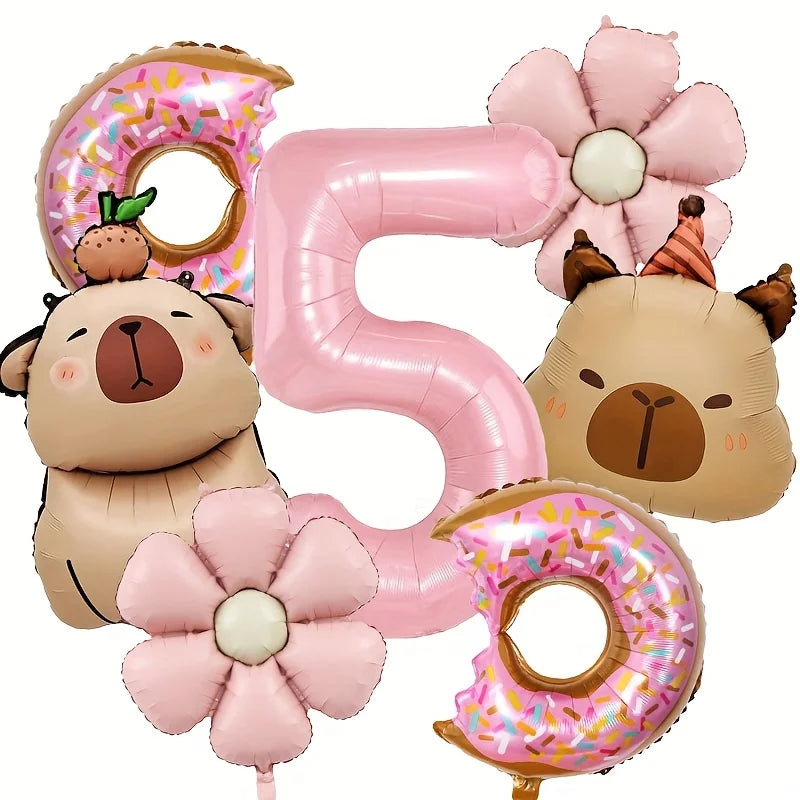 Cartoon Dolphin Pink Daisy Flower Happy Birthday Balloon Doughnut Set 32inch Pink Digit Capibara Theme Party Globos Supplies