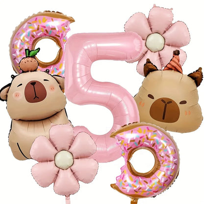 Cartoon Dolphin Pink Daisy Flower Happy Birthday Balloon Doughnut Set 32inch Pink Digit Capibara Theme Party Globos Supplies