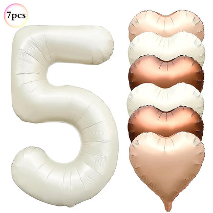 Ballon Chiffre Anniversaire Crème | Cœurs | Lot de 7 Pièces