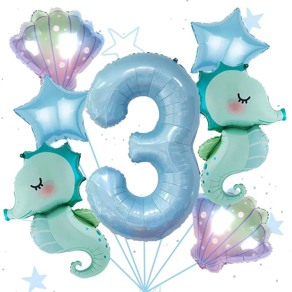 7Pcs Under the Sea World Themed Party Balloon Set New Seahorse 40Inch Blue Number Decor Foil Balloons Birthday Decoration Gifts