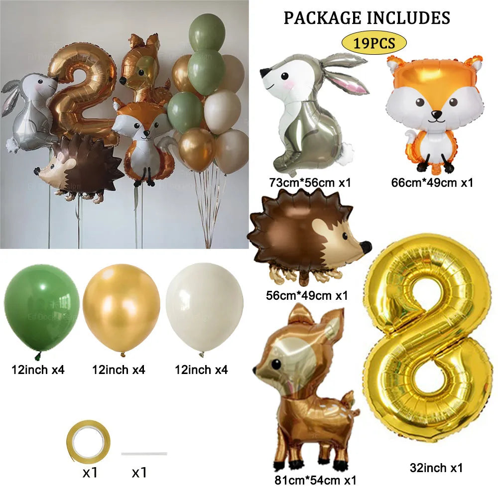 Hedgehog Deer Fox Rabbit Balloon Set Gold Number Balloon for Boy's Woodland Animal Happy Birthday Party Decorations Kids Gifts