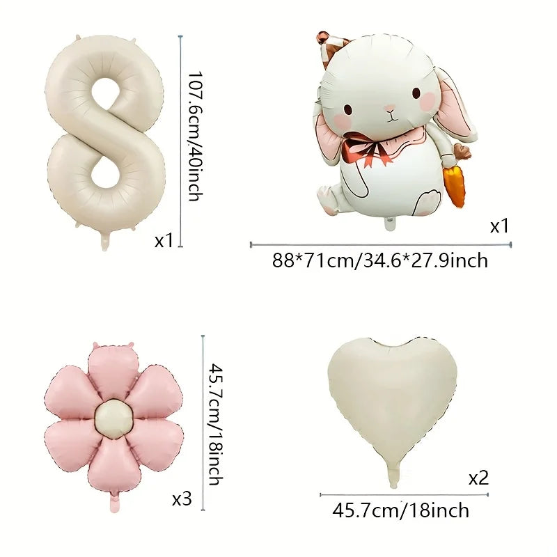 7pcs Adorable Rabbit Daisies Balloon Set 40 Inch Cream White Number 1-9 Birthday Balloon Cartoon Rabbit Easter Party Decoration