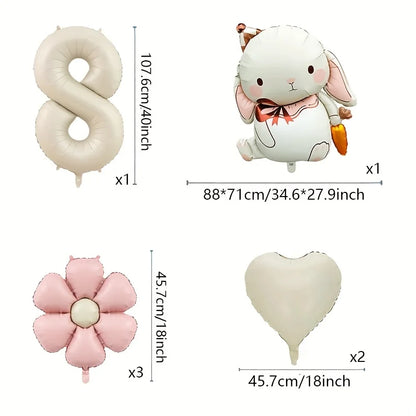 7pcs Adorable Rabbit Daisies Balloon Set 40 Inch Cream White Number 1-9 Birthday Balloon Cartoon Rabbit Easter Party Decoration