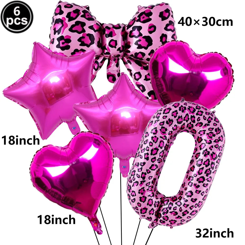 Ballon Chiffre Léopard Rose| Noeud | Lot de 6 Pièces