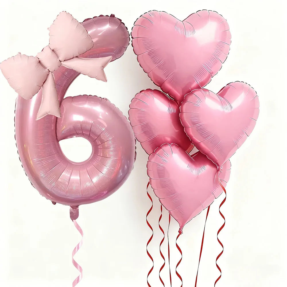 6pcs Pink Bow Heart Balloon with 32Inch Pink Number Foil Balloon for Birthday Party Wedding Engagements Anniversaries Decoration