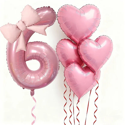 6pcs Pink Bow Heart Balloon with 32Inch Pink Number Foil Balloon for Birthday Party Wedding Engagements Anniversaries Decoration