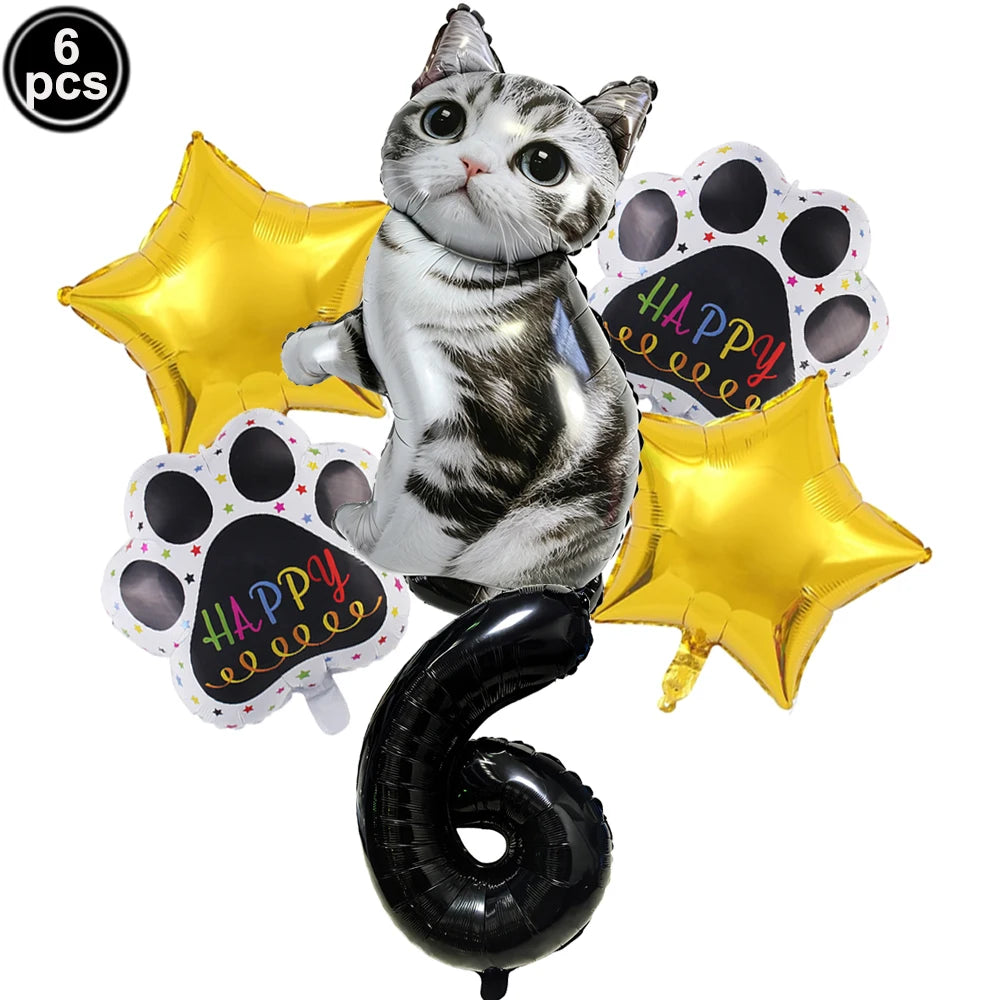 Cat Party Balloons Set Pink Blue Kitten Cat's Paw Foil Balloon with 32'' Number Balloons for Boy Girl 1-9th Birthday Party Decor