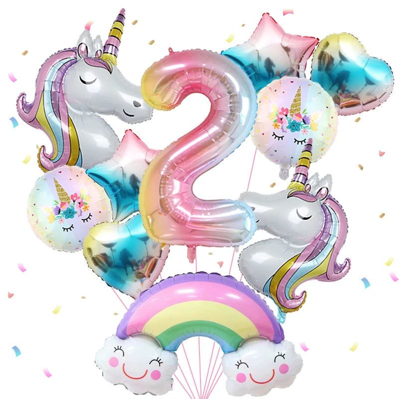 1set Rainbow Unicorn Girl Balloon Aluminum Film Balloon Set with Smiling Rainbow Foil 1st Newborn Party Decoration Supplies