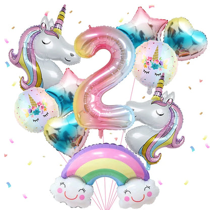 1set Rainbow Unicorn Girl Balloon Aluminum Film Balloon Set with Smiling Rainbow Foil 1st Newborn Party Decoration Supplies