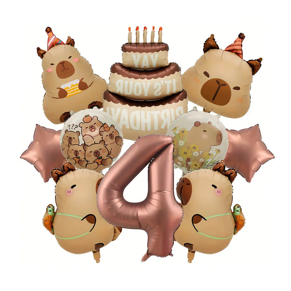 10Pcs Cartoon Animal Capybara Theme Birthday Cake Foil Balloon Children Birthday Party Coffee Number  Balloon Baby Shower Decora